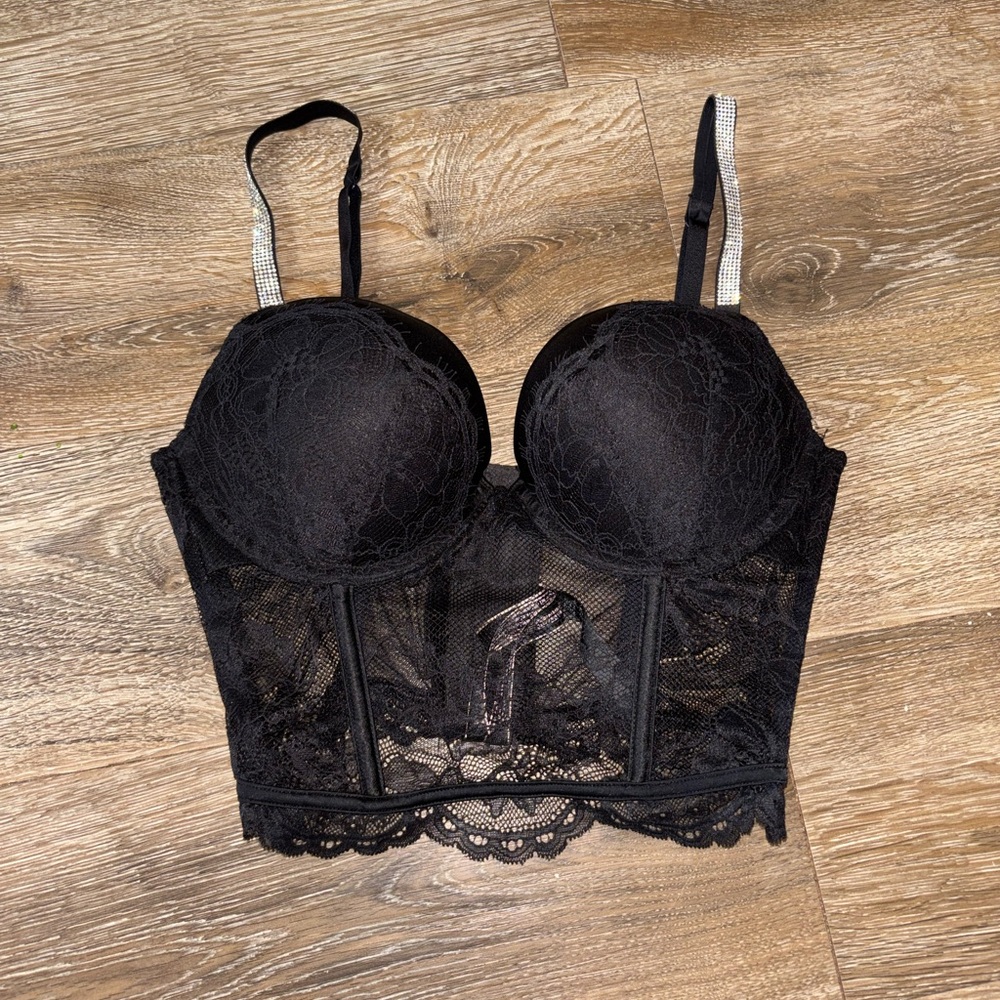 Victoria’s Secret Sparkle Strap Push Up Black Lacey Corset Size 34B